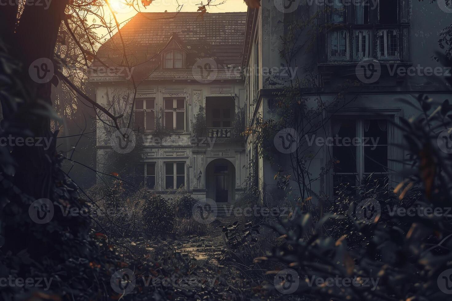 An ornate, abandoned mansion stands enveloped by overgrown vegetation as the sun sets, casting eerie shadows and highlighting the building's decay and beauty photo