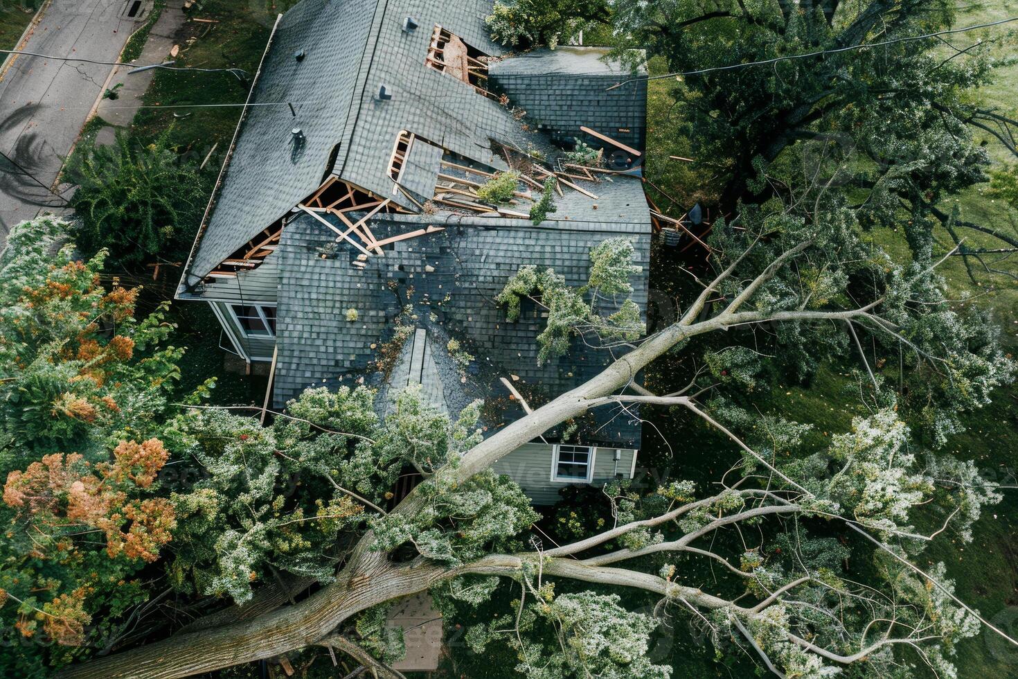 An aerial view of a house with a tree on top photo