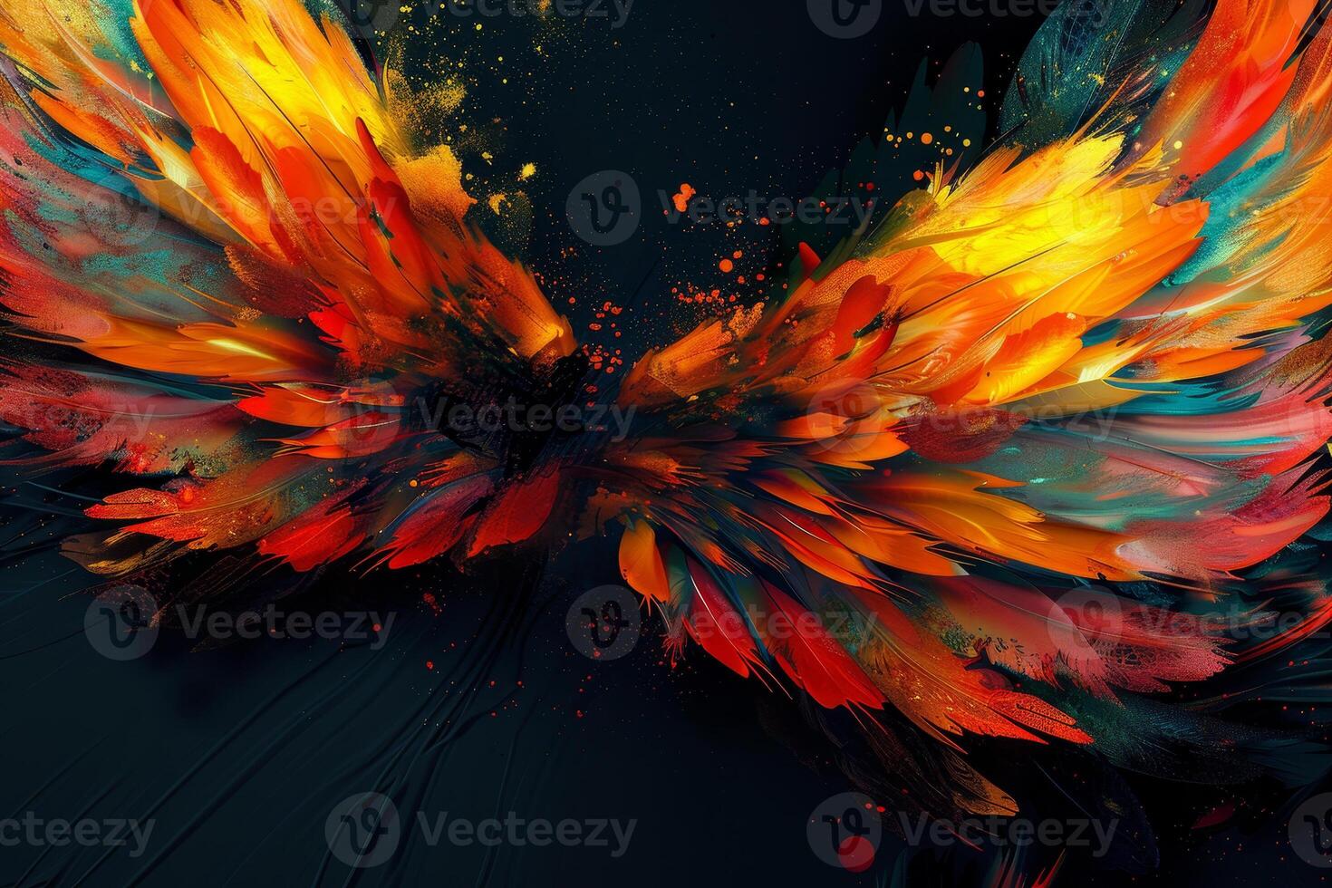 Bright, colorful wings created with brushstrokes appear to burst with energy, showcasing a vibrant mix of orange, red, and turquoise against a deep backdrop photo