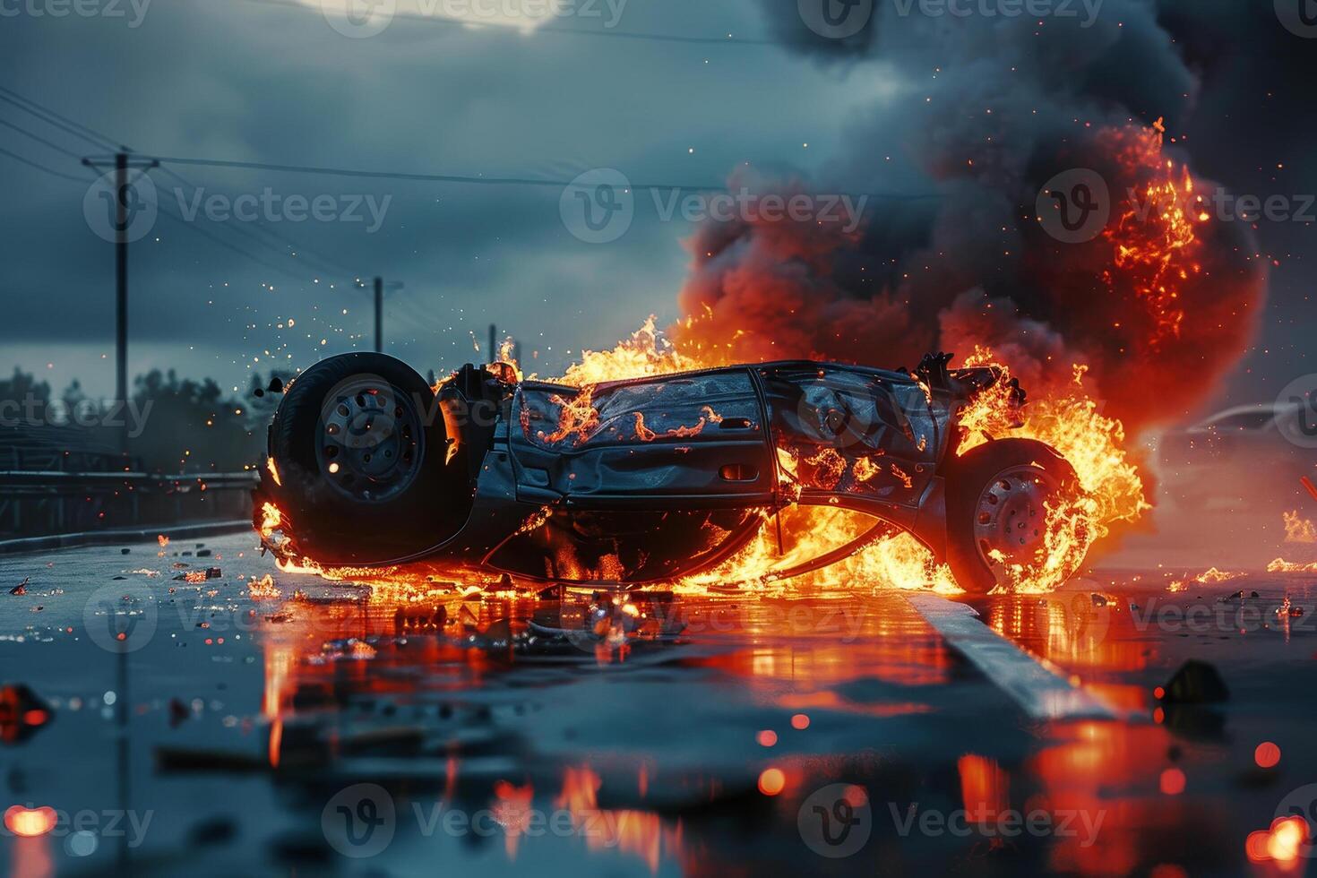 An overturned vehicle catches fire on a rain-soaked highway during a stormy evening, with smoke billowing into the darkening sky and surrounding debris scattered along the roadside photo