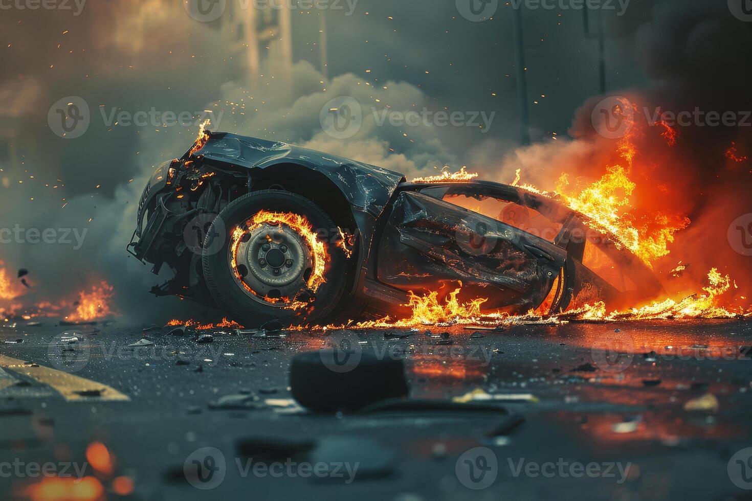 A vehicle is ablaze on an urban street, surrounded by thick smoke and fiery debris. The scene portrays a chaotic moment, highlighting the intensity of the fire photo