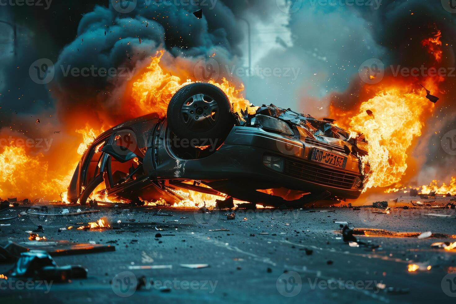 Flames erupt from a flipped car at night, surrounded by debris and smoke, indicating a violent event in an urban setting filled with chaos and destruction photo