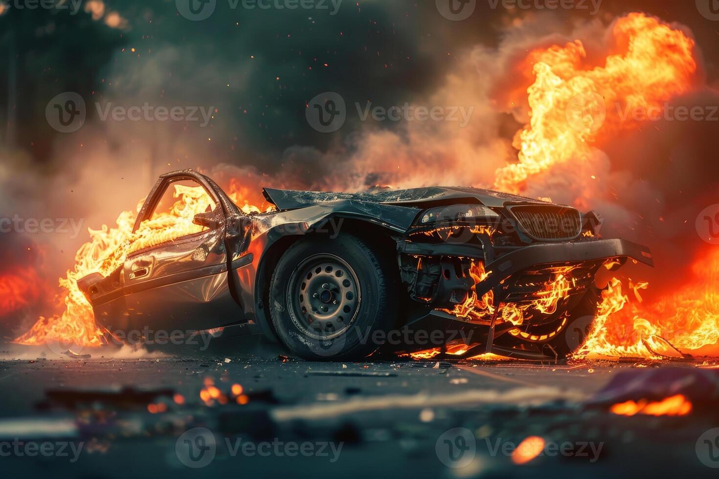 A car is engulfed in flames on a deserted road during sunset, with bright orange and red fire contrasting against the darkening sky, creating a dramatic and intense scene photo