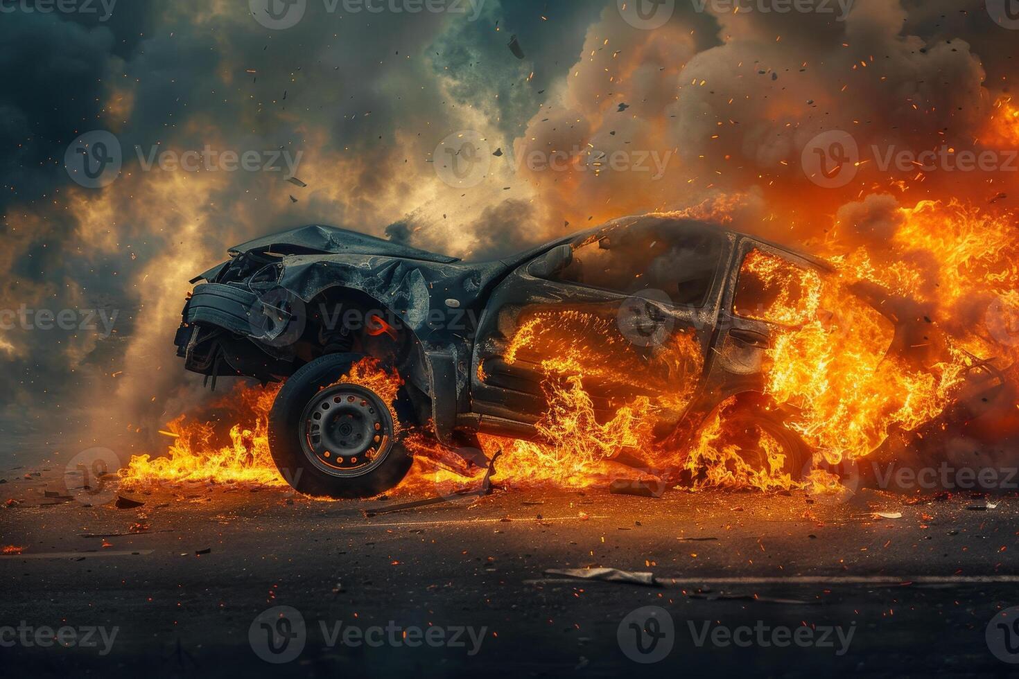 A severely damaged car is on fire, surrounded by thick smoke as flames consume the vehicle on a highway during daylight. The intense heat and chaos are palpable photo