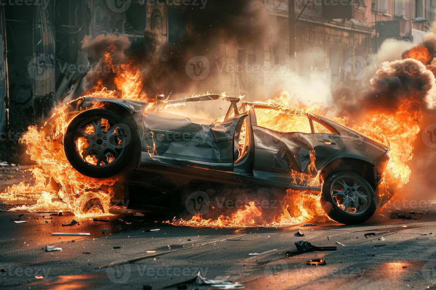 A vehicle is dramatically bursting into flames, surrounded by debris and smoke in a chaotic urban setting as the sun sets in the background photo