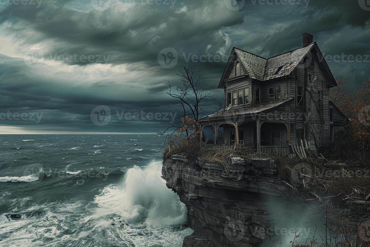 An old, weathered house stands alone on a rocky cliff, surrounded by crashing waves and ominous storm clouds, creating a haunting atmosphere at dusk photo
