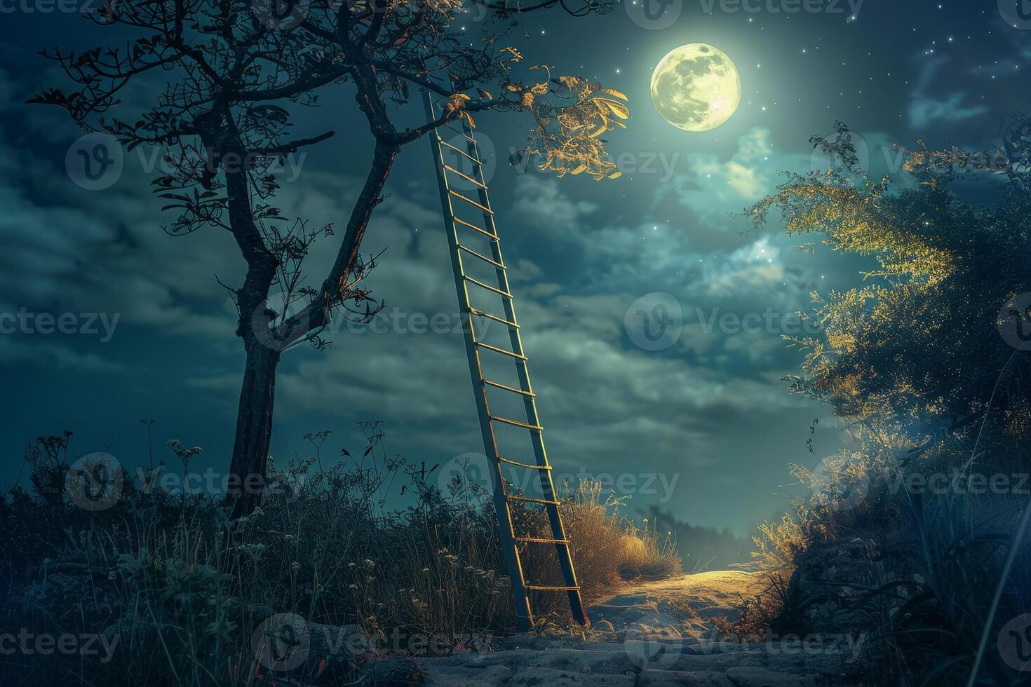 A serene landscape features a tall ladder resting against a tree under a bright moon. The night sky is filled with stars, creating a peaceful, enchanting atmosphere photo