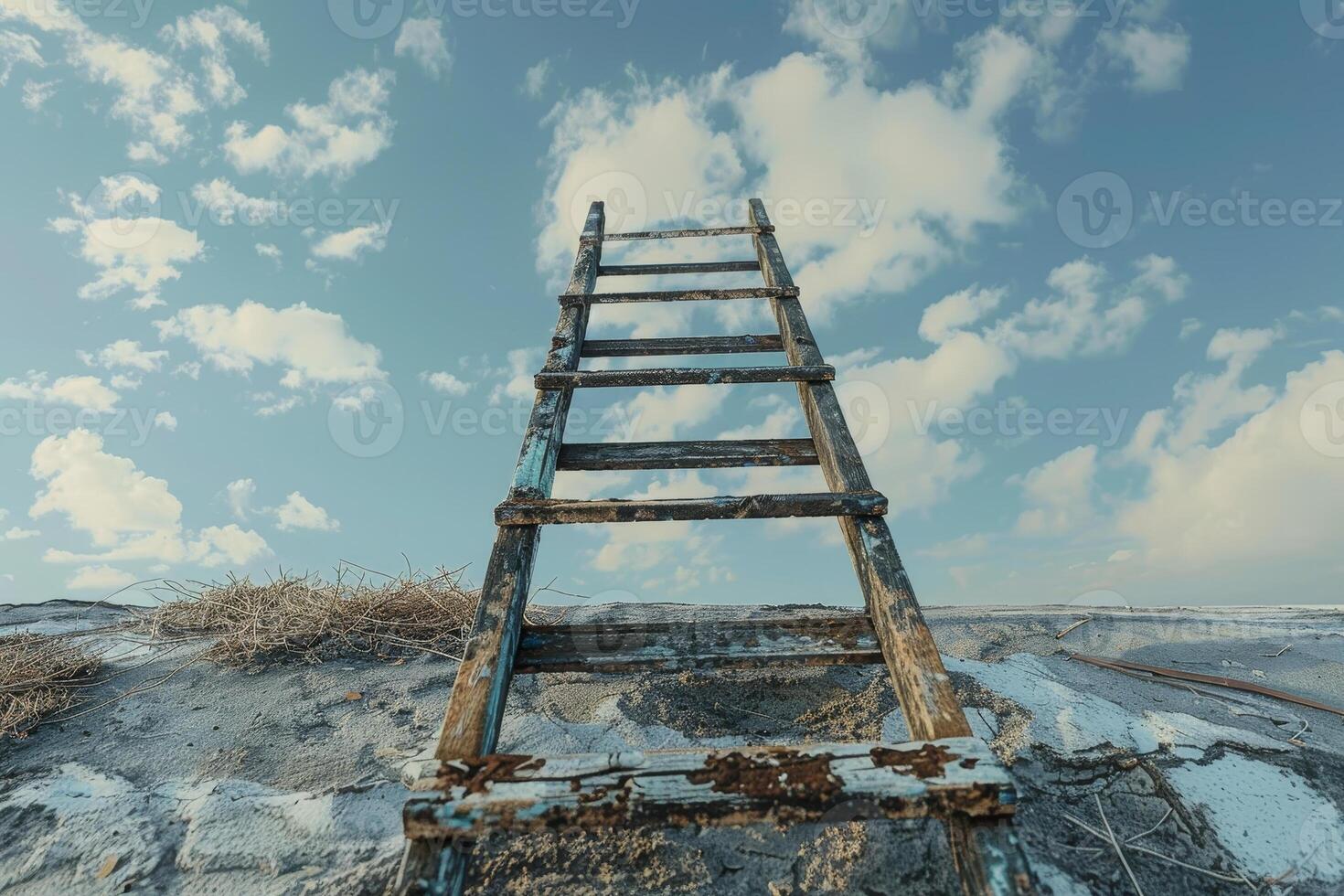 A weathered ladder stands tall against a backdrop of fluffy clouds and a blue sky, rising from a sandy terrain that appears soft and untouched photo