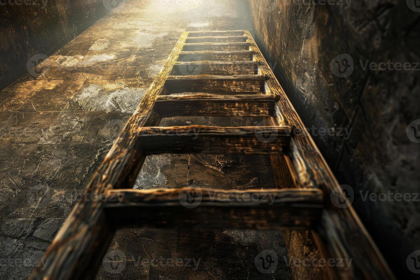 A wooden ladder stretches upward into a bright light from the depths of a shadowy tunnel, creating a striking contrast that evokes feelings of hope and adventure photo