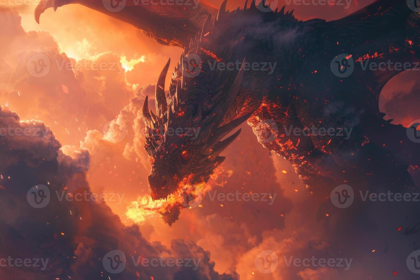 A dragon is flying through the clouds with fire coming out of its mouth photo