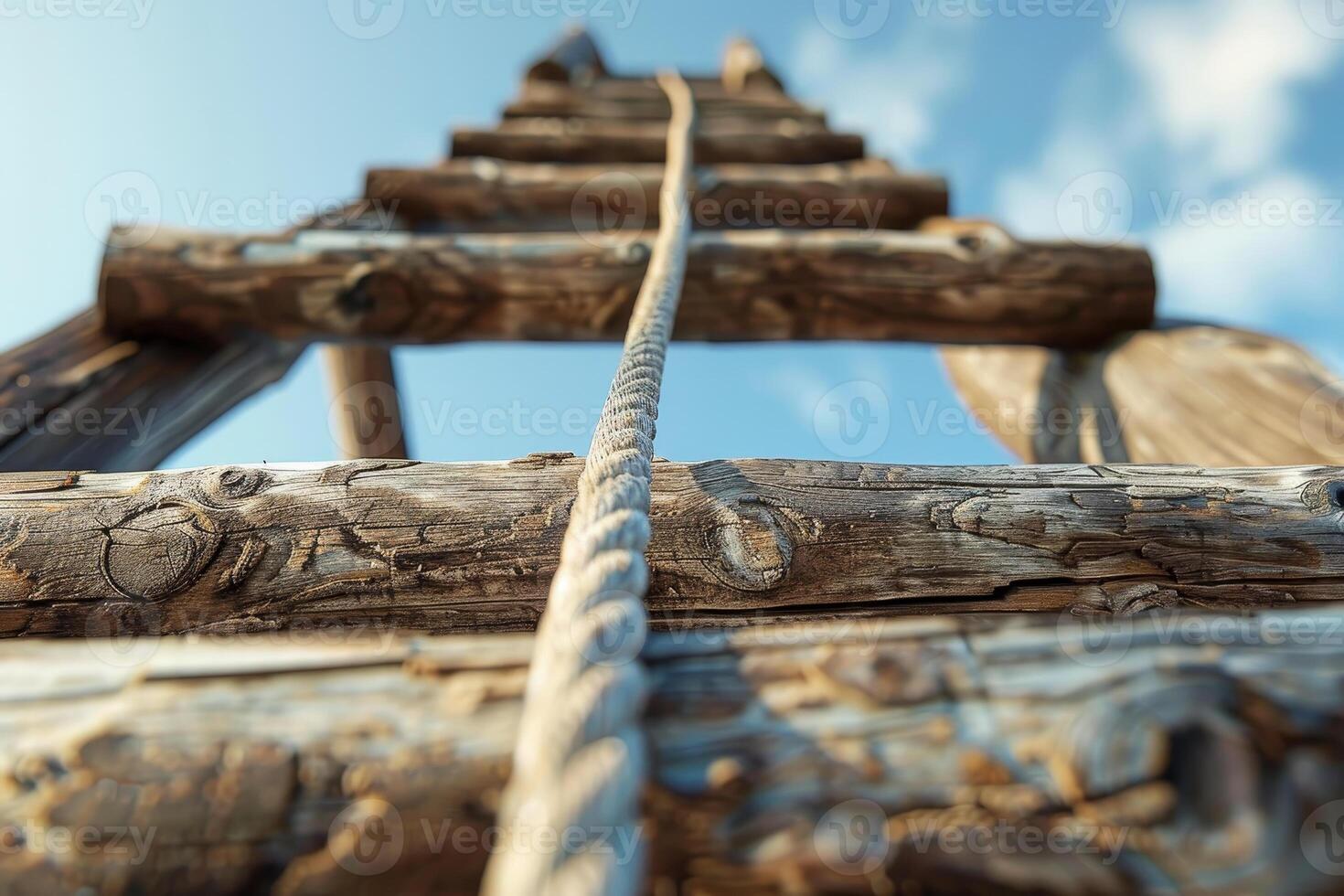 A rustic wooden ladder stretches upwards into the bright blue sky, capturing a moment of craftsmanship against the backdrop of wispy clouds and sunshine photo