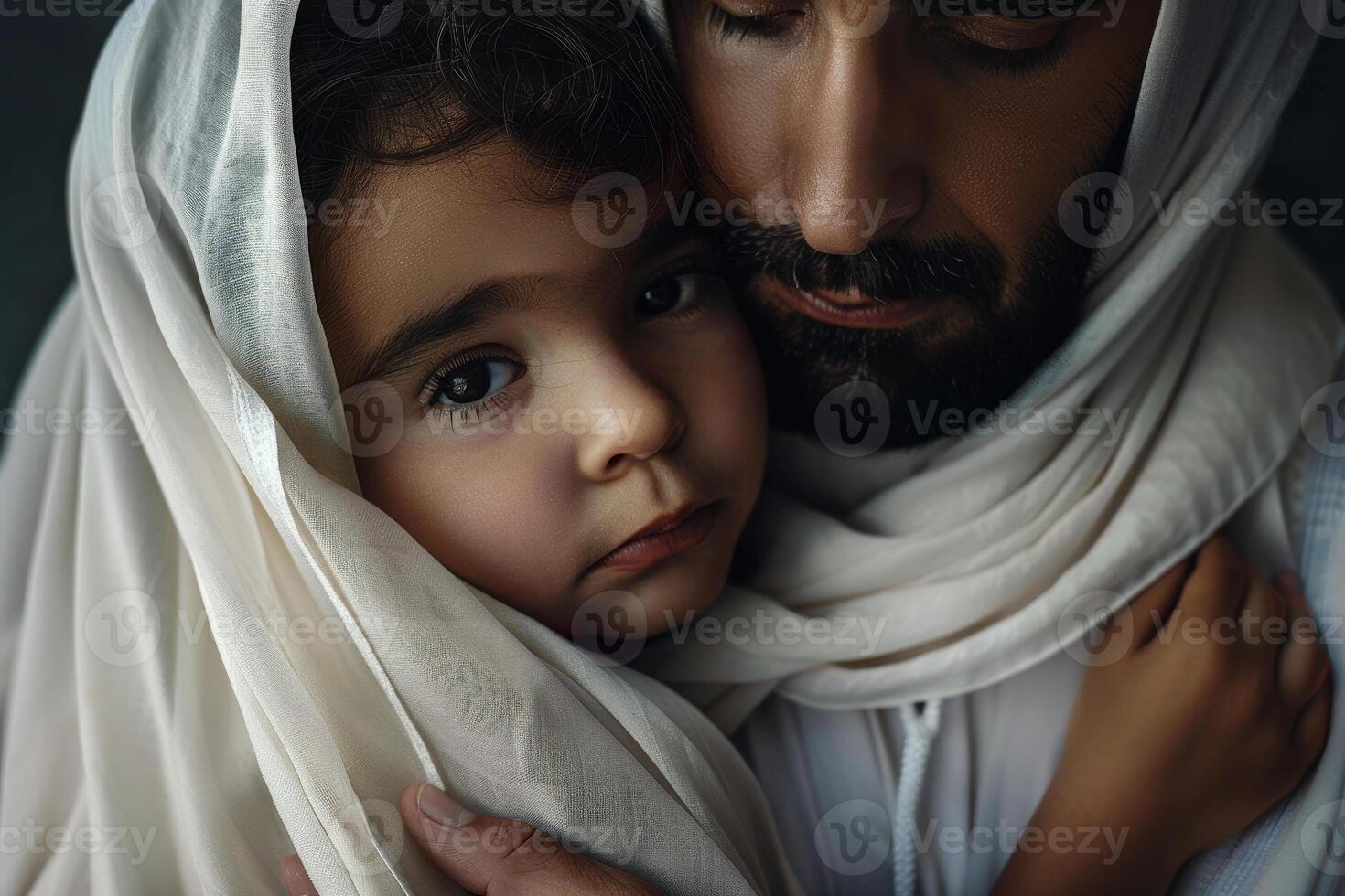 A father gently embraces his daughter, who looks up at him with wide eyes, both wrapped in a soft scarf. Their shared bond radiates warmth and affection in the cozy atmosphere photo