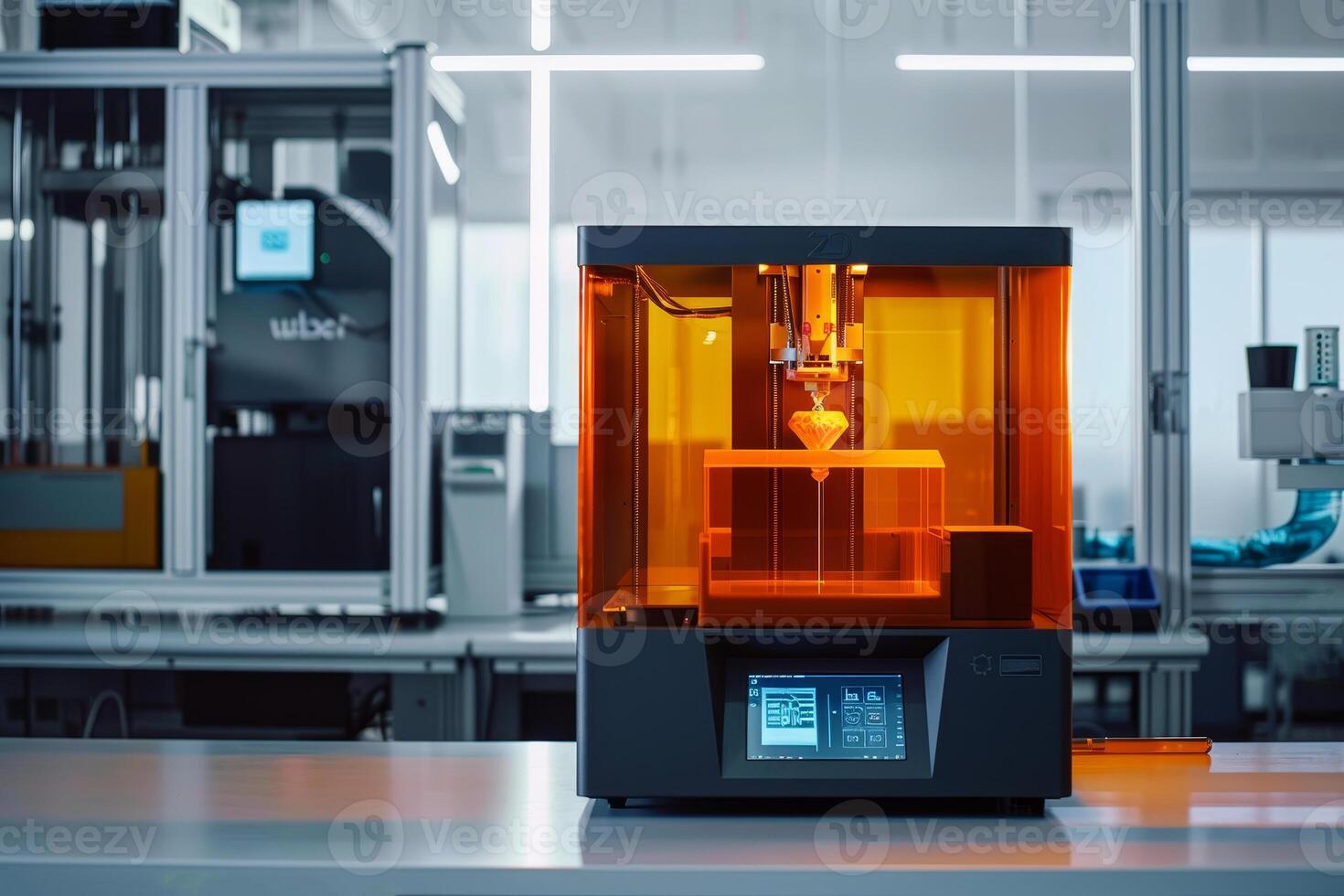 A high-tech 3D printer operates in a bright laboratory, producing intricate models layer by layer. Researchers monitor the process closely for accuracy and quality photo