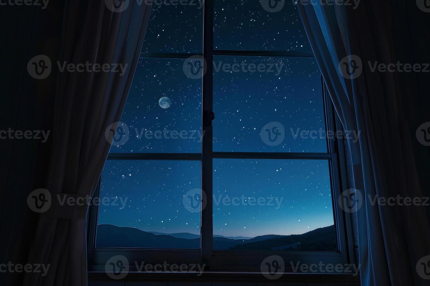 Looking out from a window at night, the view reveals a clear sky filled with stars and a crescent moon, all set against dark mountain silhouettes in the background photo