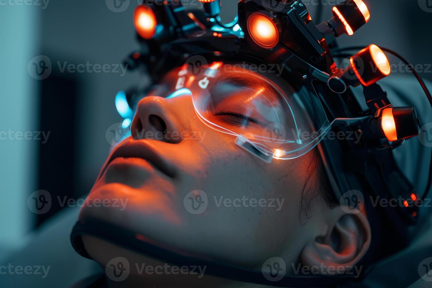A individual lies still while fitted with a high-tech headgear equipped with sensors and lights, used for monitoring brain activity in a lab setting photo