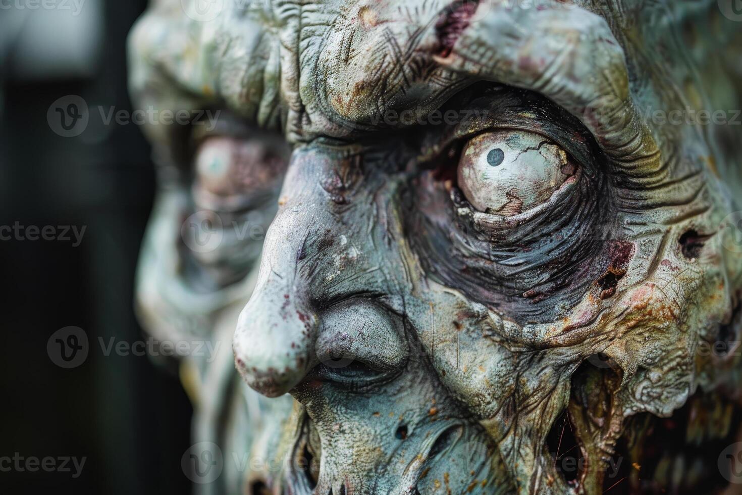 The image showcases a grotesque zombie figure, emphasizing its lifelike texture and haunting gaze, perfect for creating a chilling atmosphere around Halloween photo