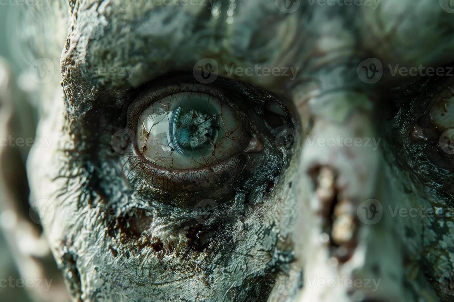 A hauntingly lifelike sculpture of a zombie displays intricate details, including cracked skin and a glowing eye, evoking an unsettling atmosphere photo