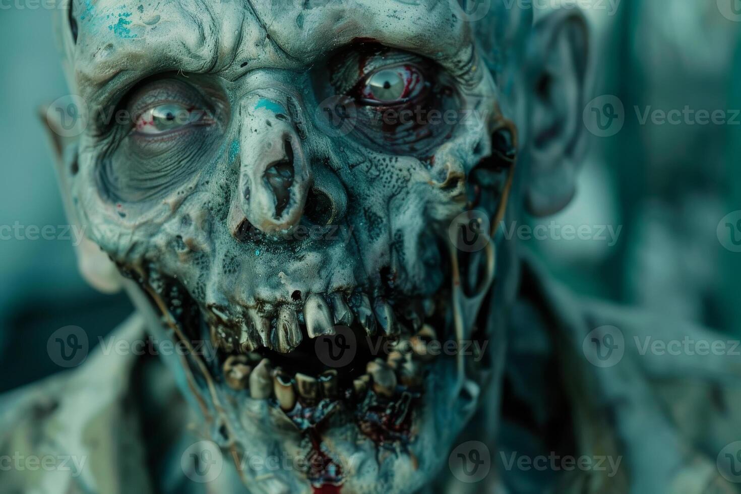 The decayed zombie character features grotesque details with hollow eyes and exposed teeth, highlighting expert horror makeup on a film set, creating a chilling atmosphere photo