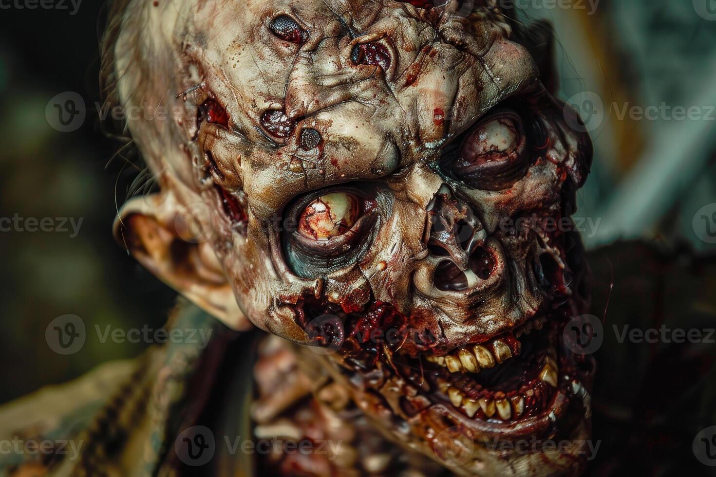 This striking display features a zombie character with elaborate makeup and grotesque details, set against a moody, shadowy background that enhances the eerie atmosphere photo