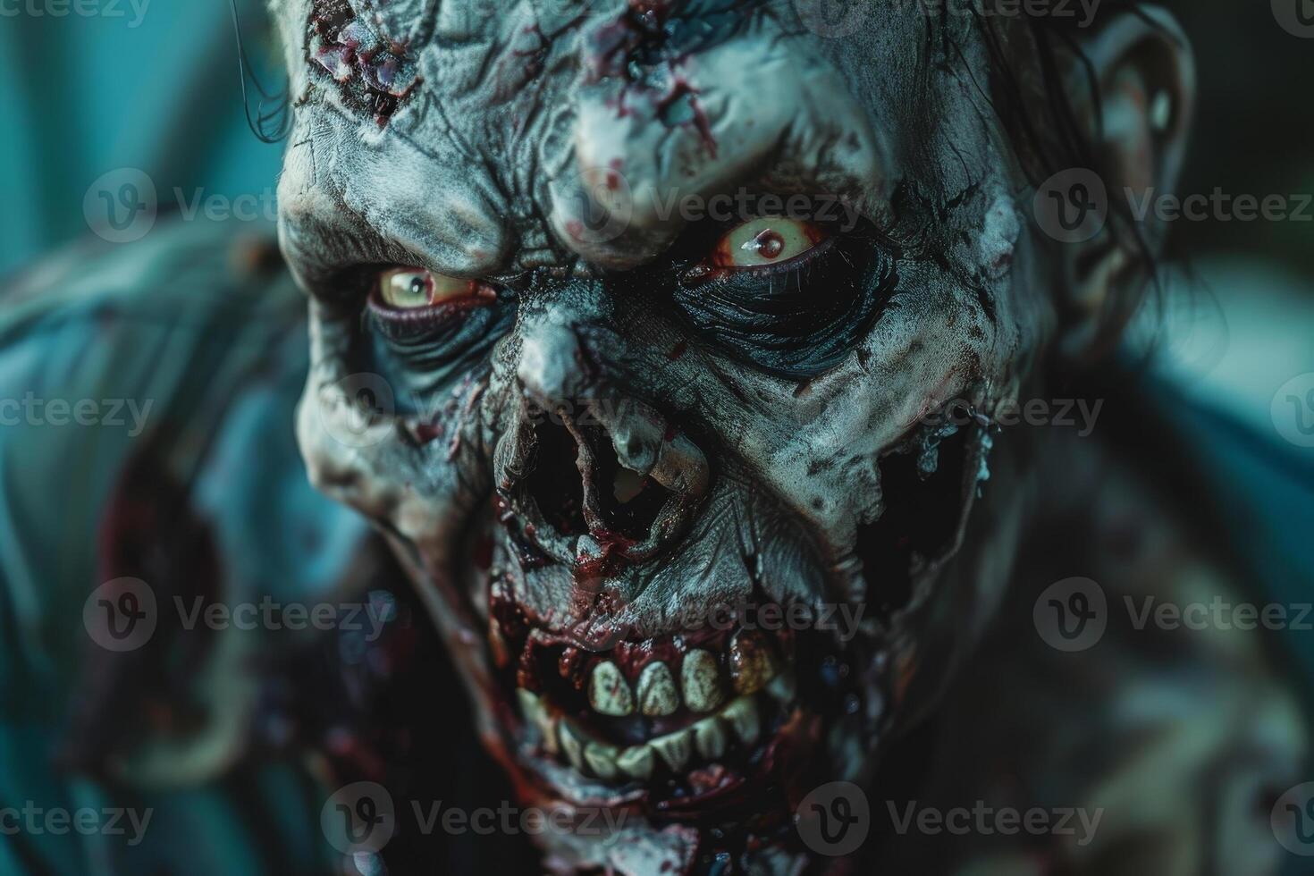 A detailed view of a zombie with sunken eyes and decayed skin, intensely staring as if ready to emerge from a horror-themed event or film, surrounded by eerie ambiance photo