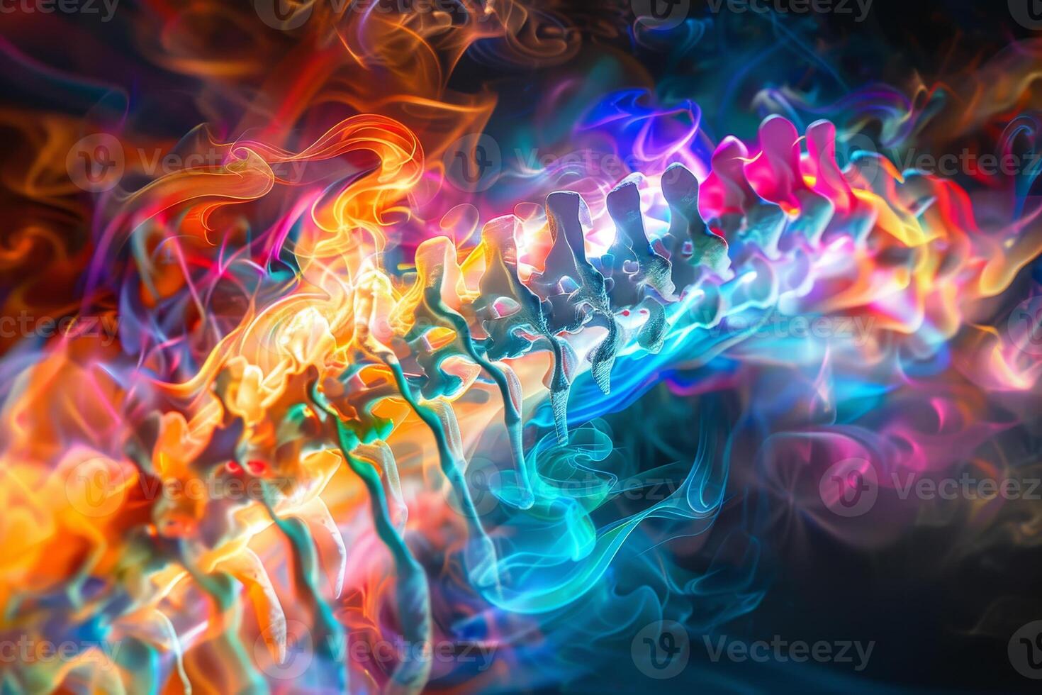A vivid and colorful abstract depiction of a human spine is enhanced with swirling smoke effects, creating a dynamic and captivating visual composition photo