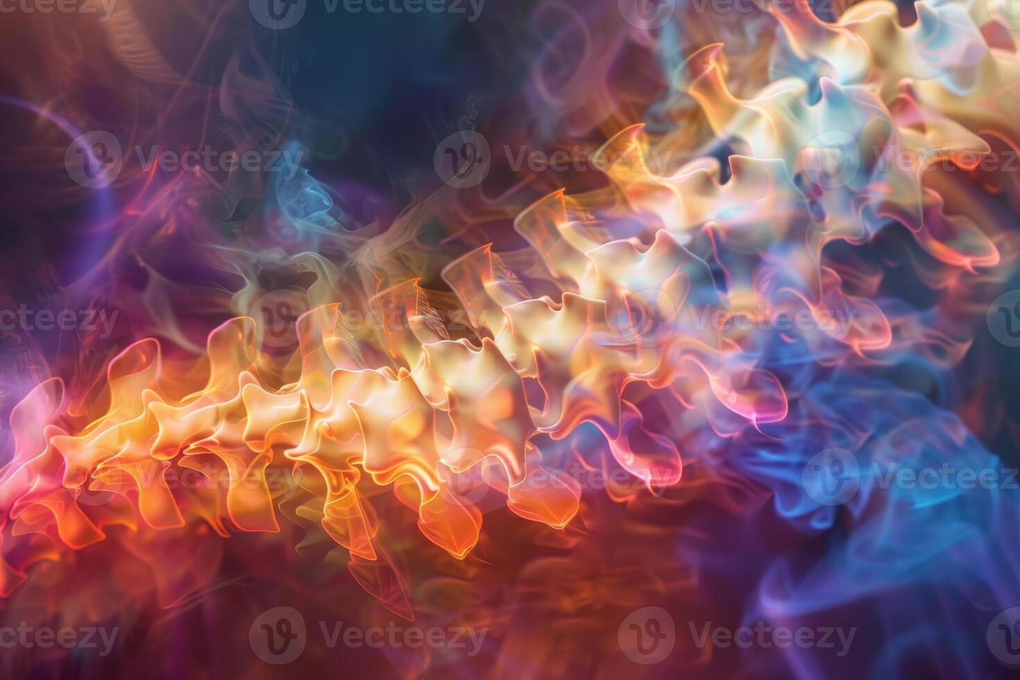 A colorful abstract display showcases a stylized human spine surrounded by swirling smoke, emphasizing fluidity and vibrant energy in a dynamic setting photo