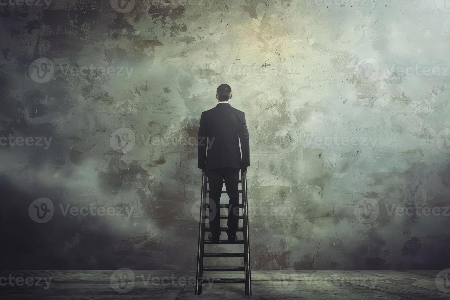 A person dressed in formal attire is perched on a ladder, gazing thoughtfully at an empty wall. The surrounding area is minimal and subtly illuminated, emphasizing reflection photo