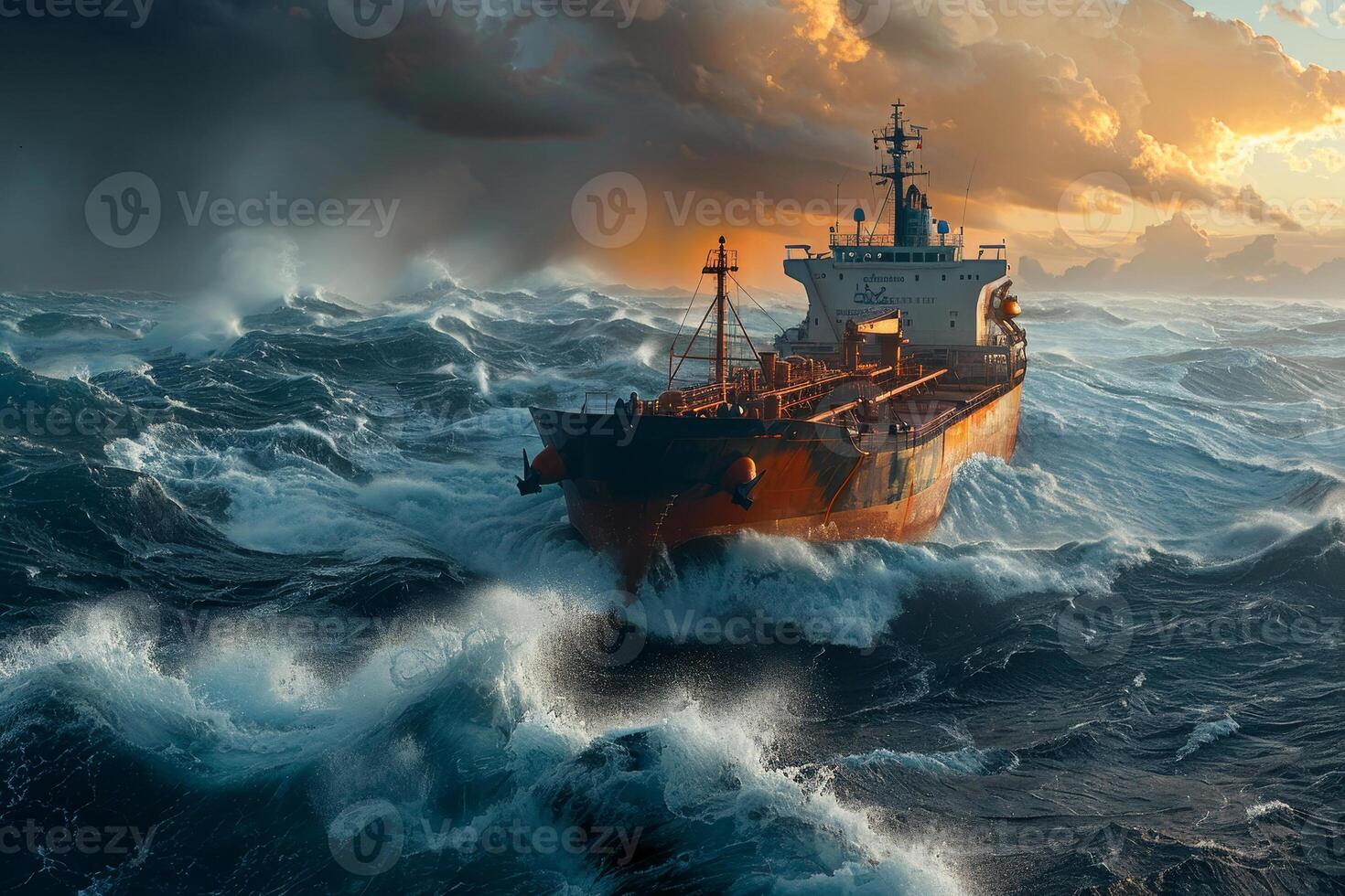 A cargo ship struggles against towering waves as stormy clouds gather above. The vibrant sunset illuminates the scene, highlighting the ship's journey through rough seas photo