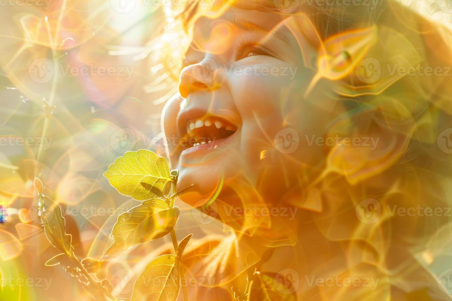 A young child with a bright smile expresses joy while playing outside, surrounded by soft sunlight filtering through colorful leaves and plants photo
