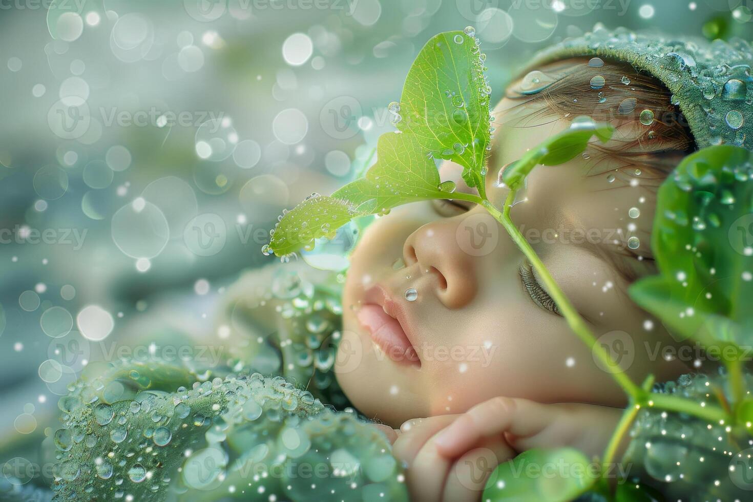 A baby peacefully sleeps on a soft surface, surrounded by green leaves, while delicate raindrops create a dreamy, tranquil atmosphere photo