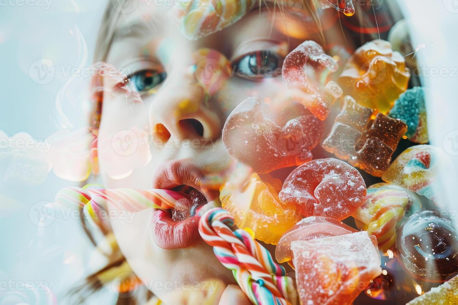 A young child playfully interacts with vibrant candies, blowing bubbles and showcasing a joyful expression, surrounded by an array of sweets in a bright setting photo