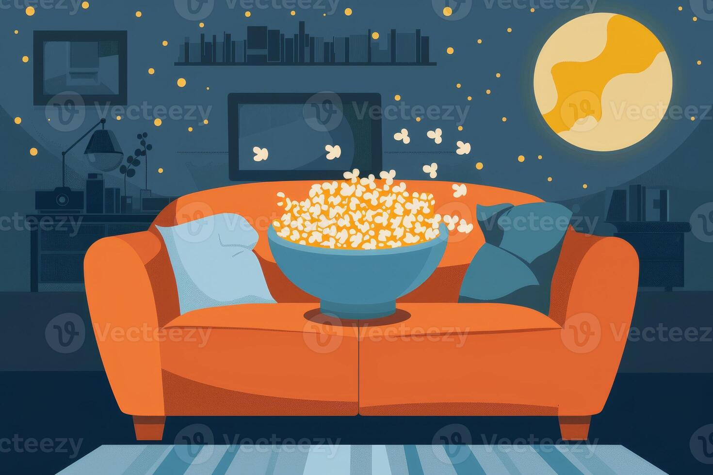 A cartoon of a couch with a bowl of popcorn on it photo