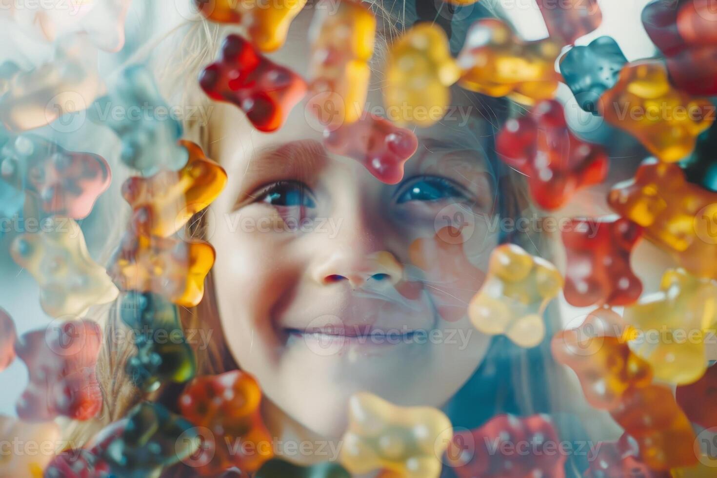 A young girl smiles brightly as she looks through a glass filled with vibrant gummy bears, showcasing her delight and fascination with the colorful treats photo