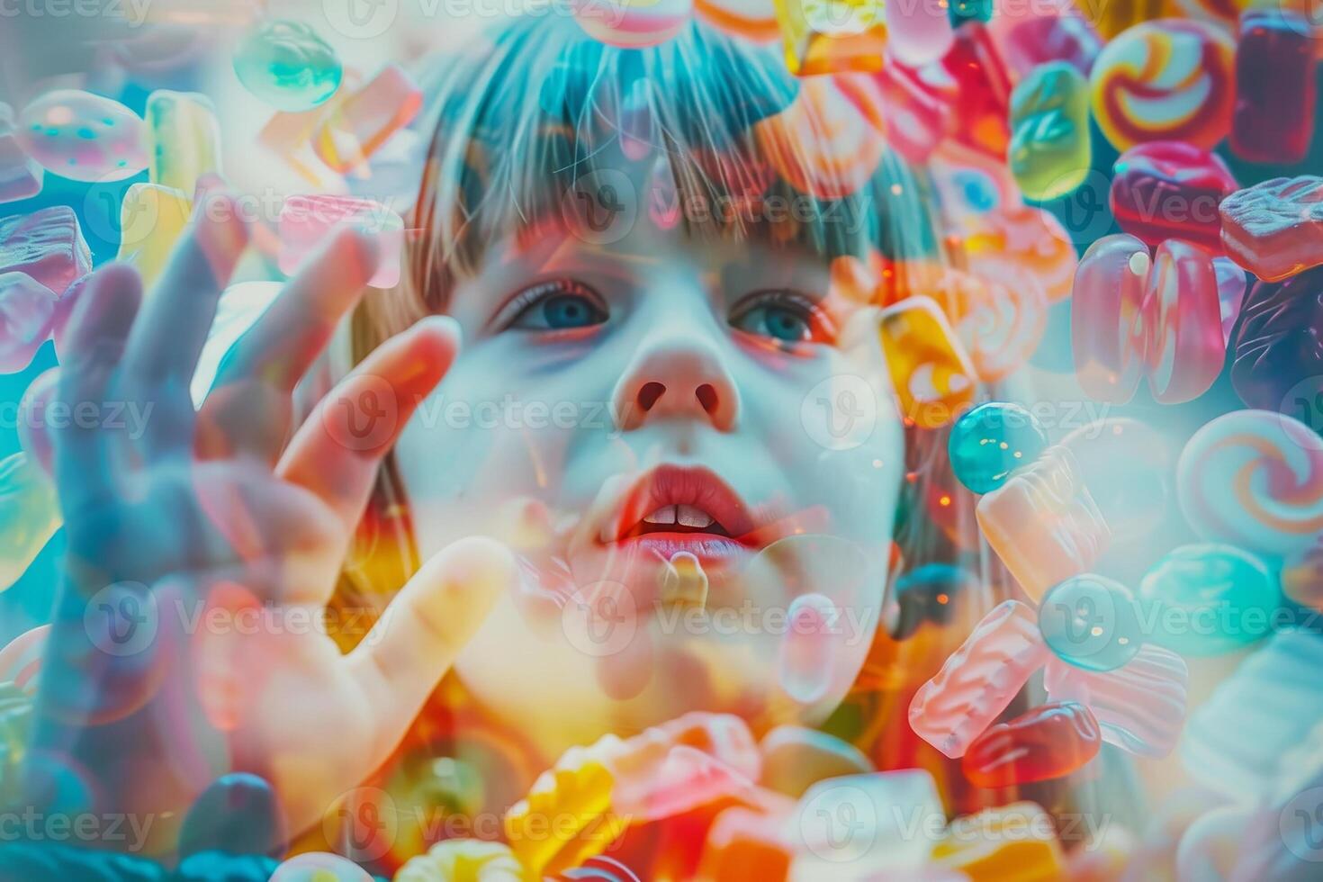 A young child gazes in wonder at an array of vibrant candies displayed in a shop, their hand reaching out to touch the sweet treats on a sunny day photo
