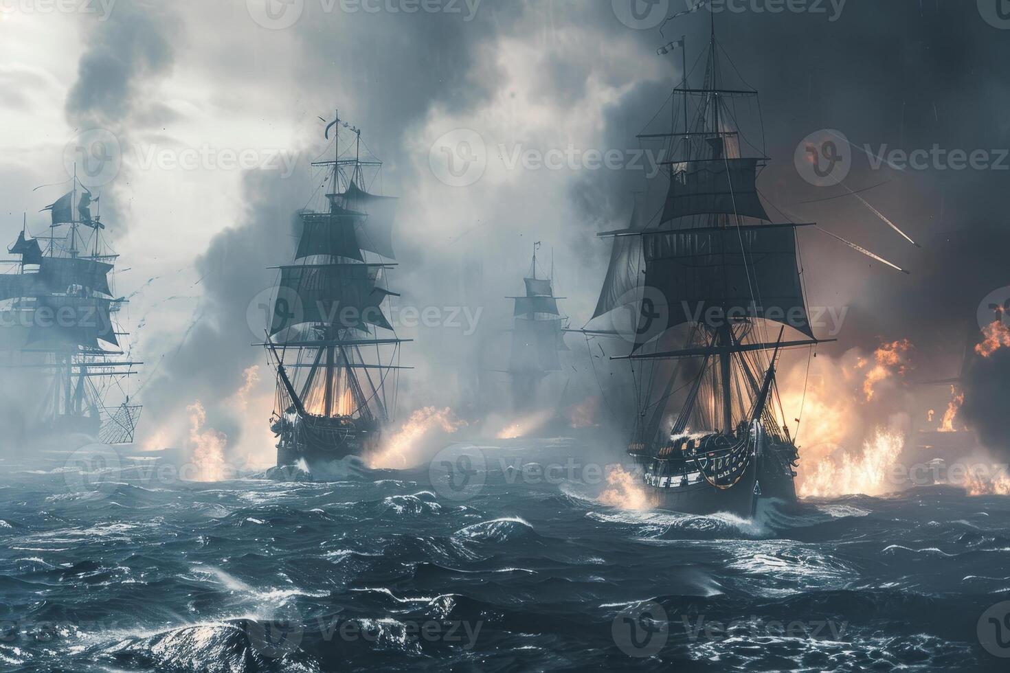 A fierce naval battle unfolds with multiple ships engaged in combat, surrounded by dark smoke and flames, showcasing the chaos of maritime warfare on turbulent waters photo