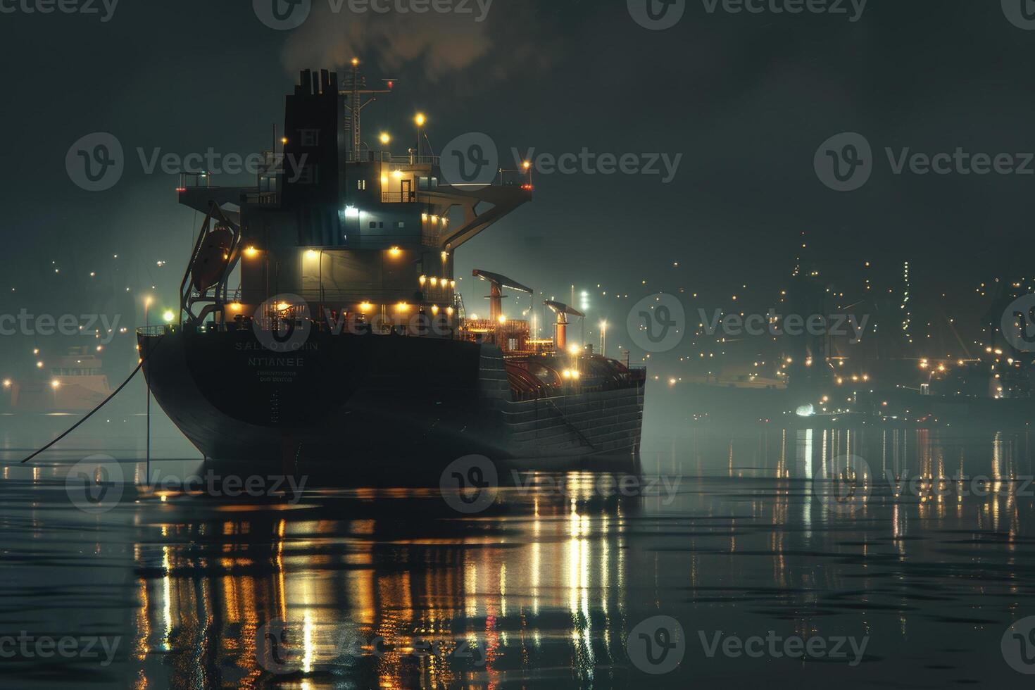 The cargo ship sits at the dock, its lights glowing through the fog, while the city skyline sparkles in the distance, creating a serene nighttime atmosphere photo