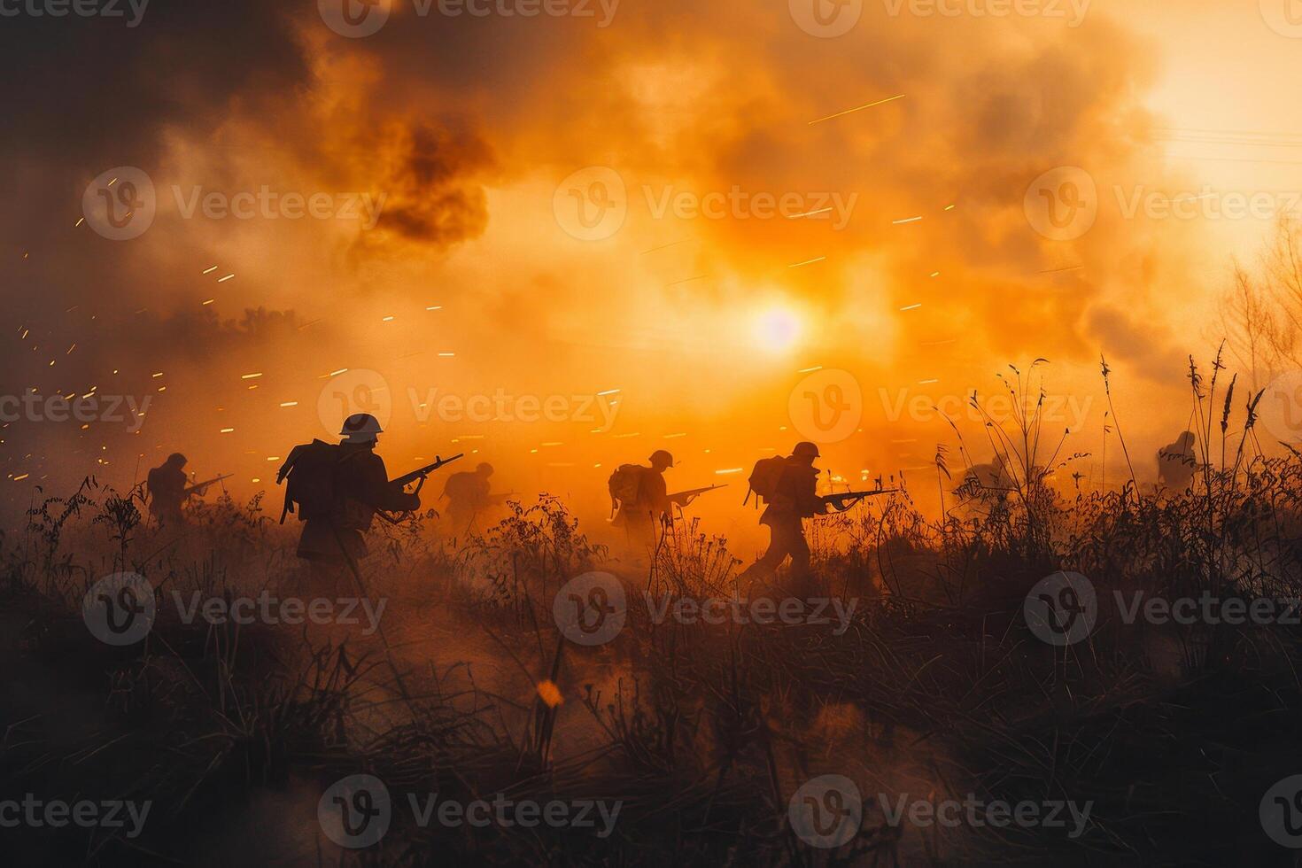 A group of soldiers are running through a field of smoke and fire photo