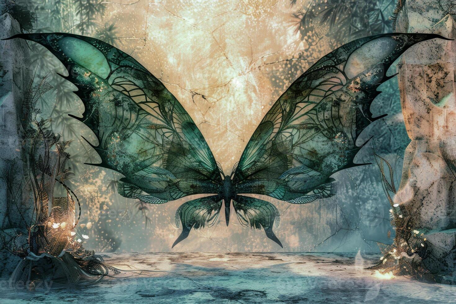A large, beautifully detailed butterfly with translucent wings showcases intricate patterns, surrounded by a serene forest backdrop filled with soft, magical light photo
