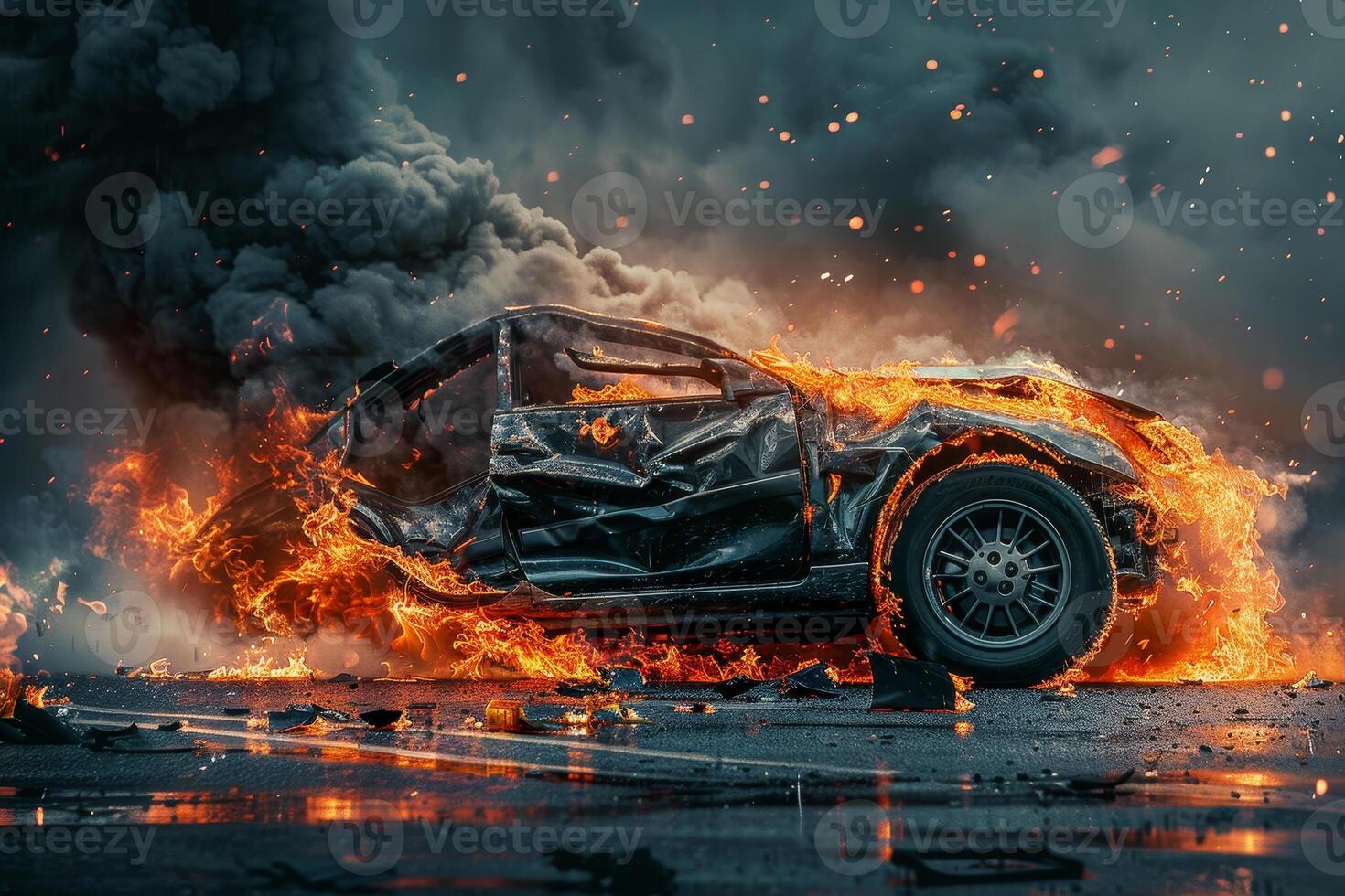 A car is completely on fire, flames and smoke rising into the air, creating a chaotic atmosphere in an urban environment under a cloudy sky photo