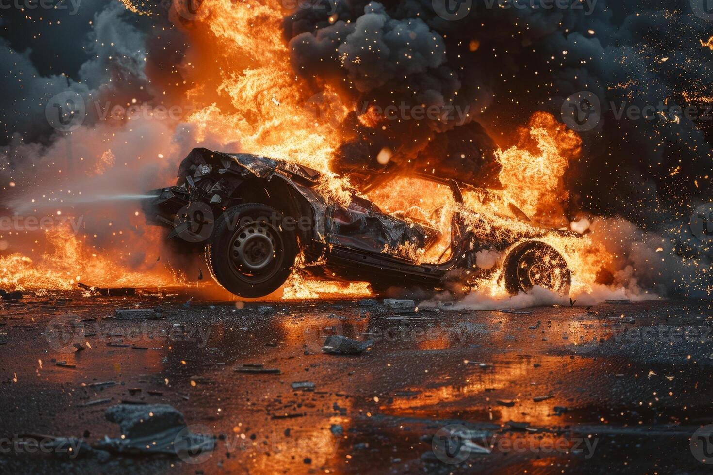 A classic car bursts into flames after a violent collision on an empty road, illuminating the night sky. Smoke and debris fill the air, creating a chaotic atmosphere photo