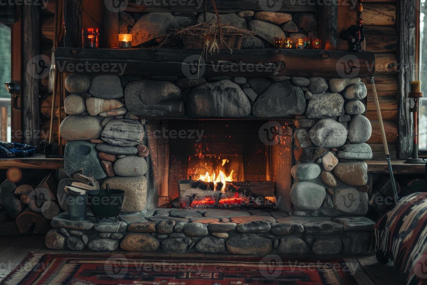 A fireplace with a stone mantle and a rug in front of it photo