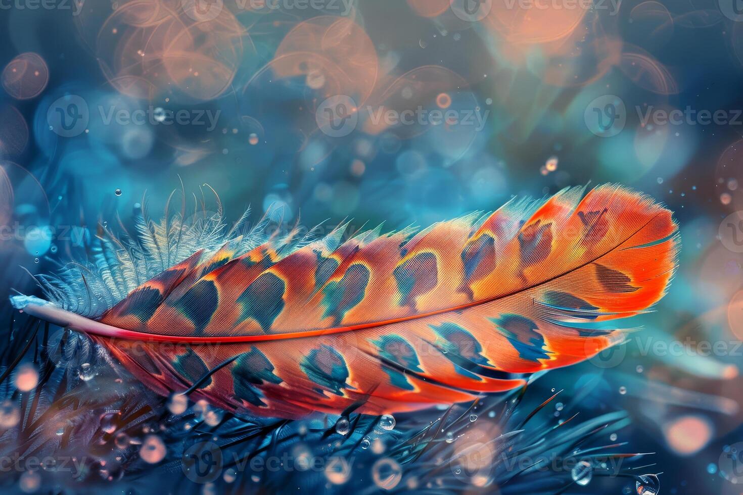 A bright orange feather with detailed patterns lies gracefully on a surface adorned with shimmering water droplets, creating a dreamy atmosphere with soft blue hues photo