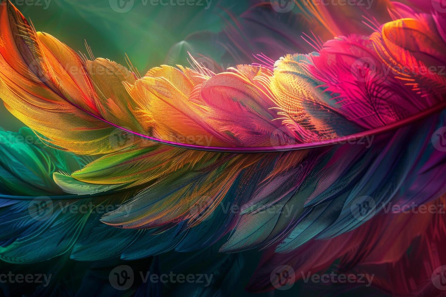 A striking feather displays a blend of vibrant colors and intricate textures. The soft light enhances its beauty, creating an ethereal and abstract appearance photo