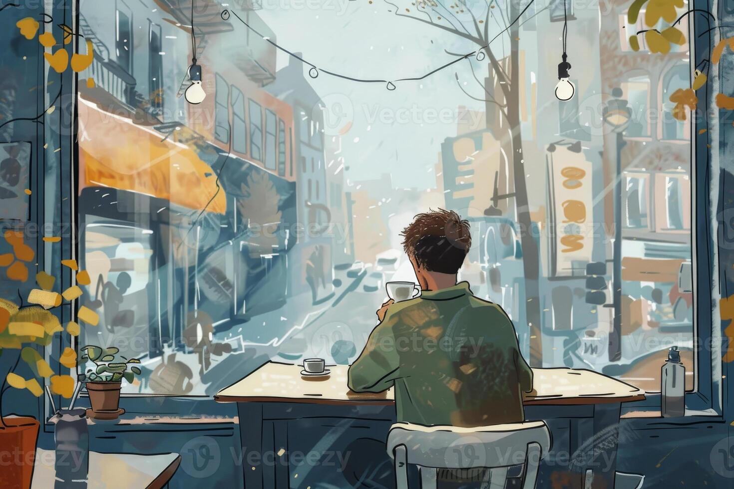 A man sits at a table in a cafe, sipping coffee and looking out the window photo