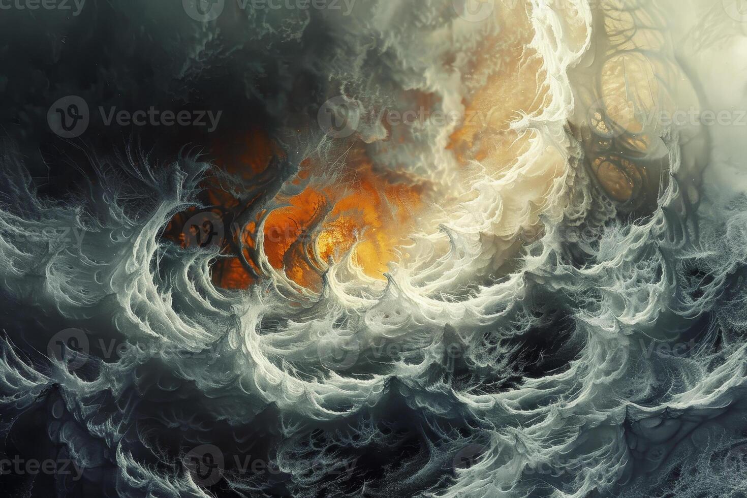 The turbulent ocean displays powerful waves crashing with intensity as a fiery sunset pierces through gathering storm clouds, creating a dramatic landscape photo