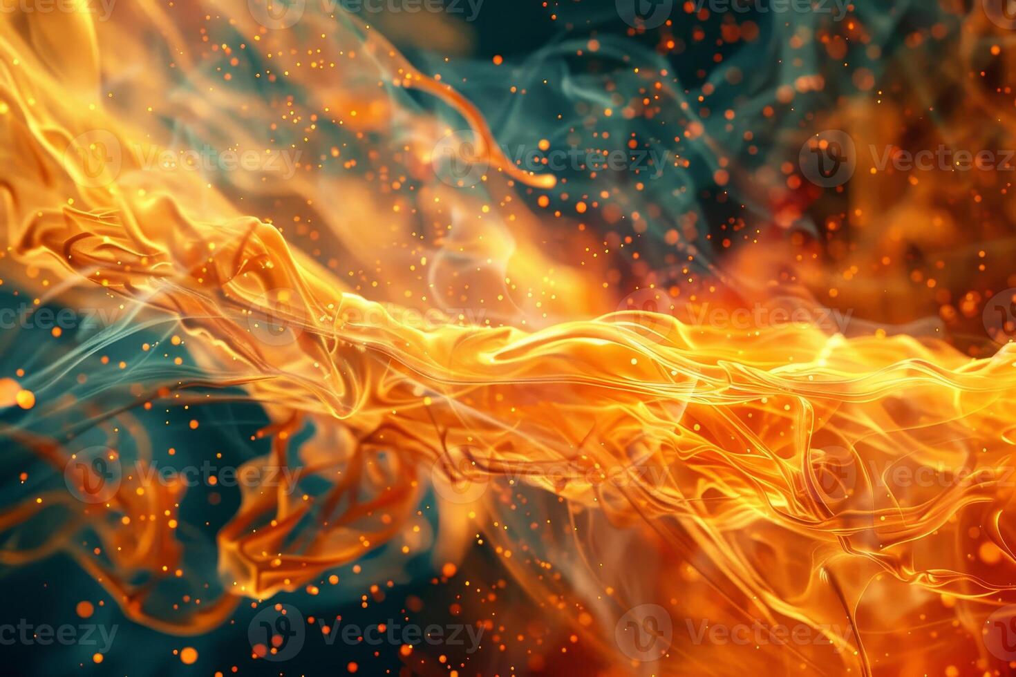 Bright flames intertwine with swirling smoke, creating an abstract visual spectacle. The vibrant colors blend and dance, evoking energy and warmth in the dark background photo