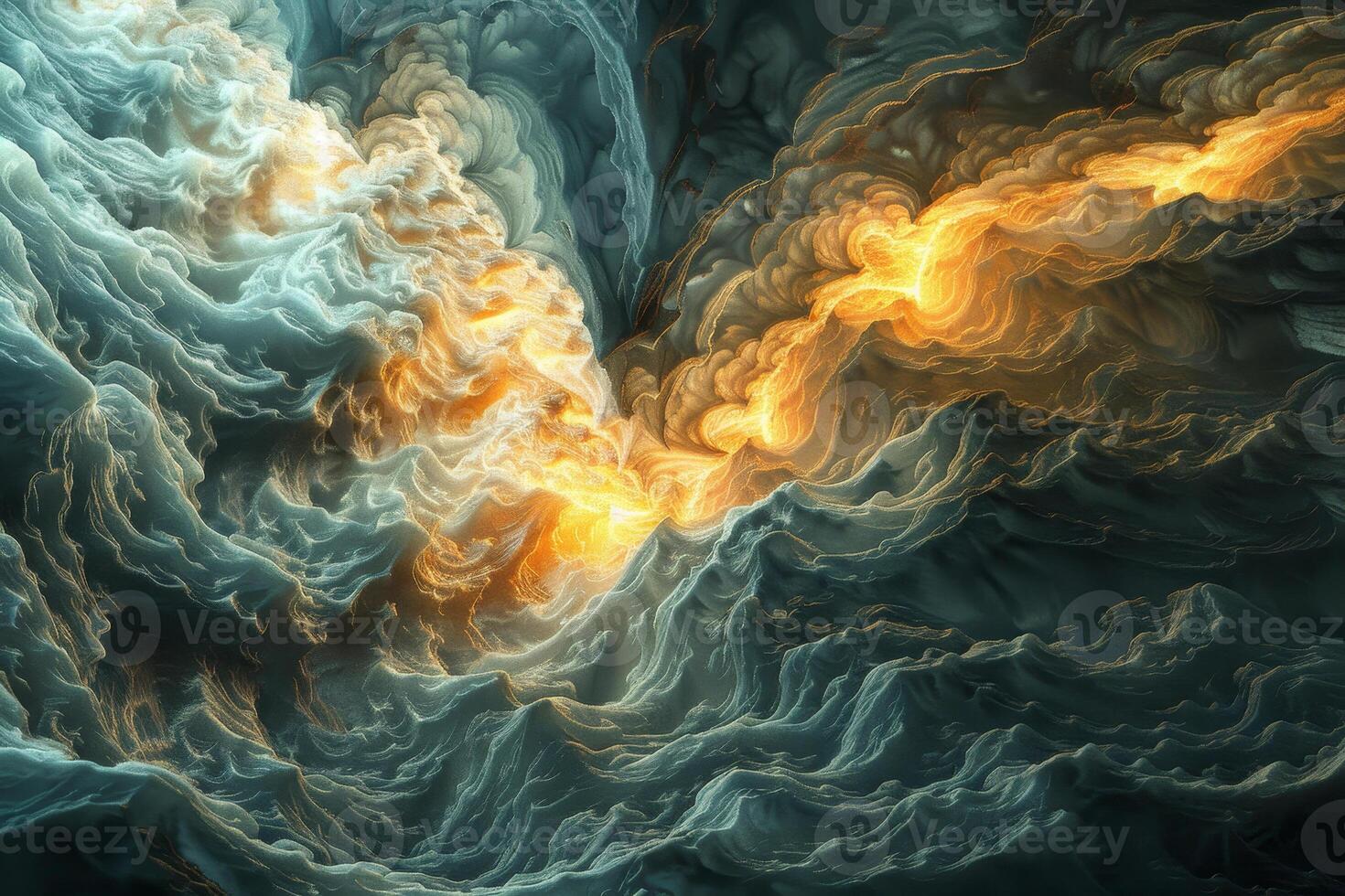 The artwork features a mesmerizing blend of swirling clouds painted in shades of blue, gold, and gray, capturing the essence of dynamic energy and movement photo