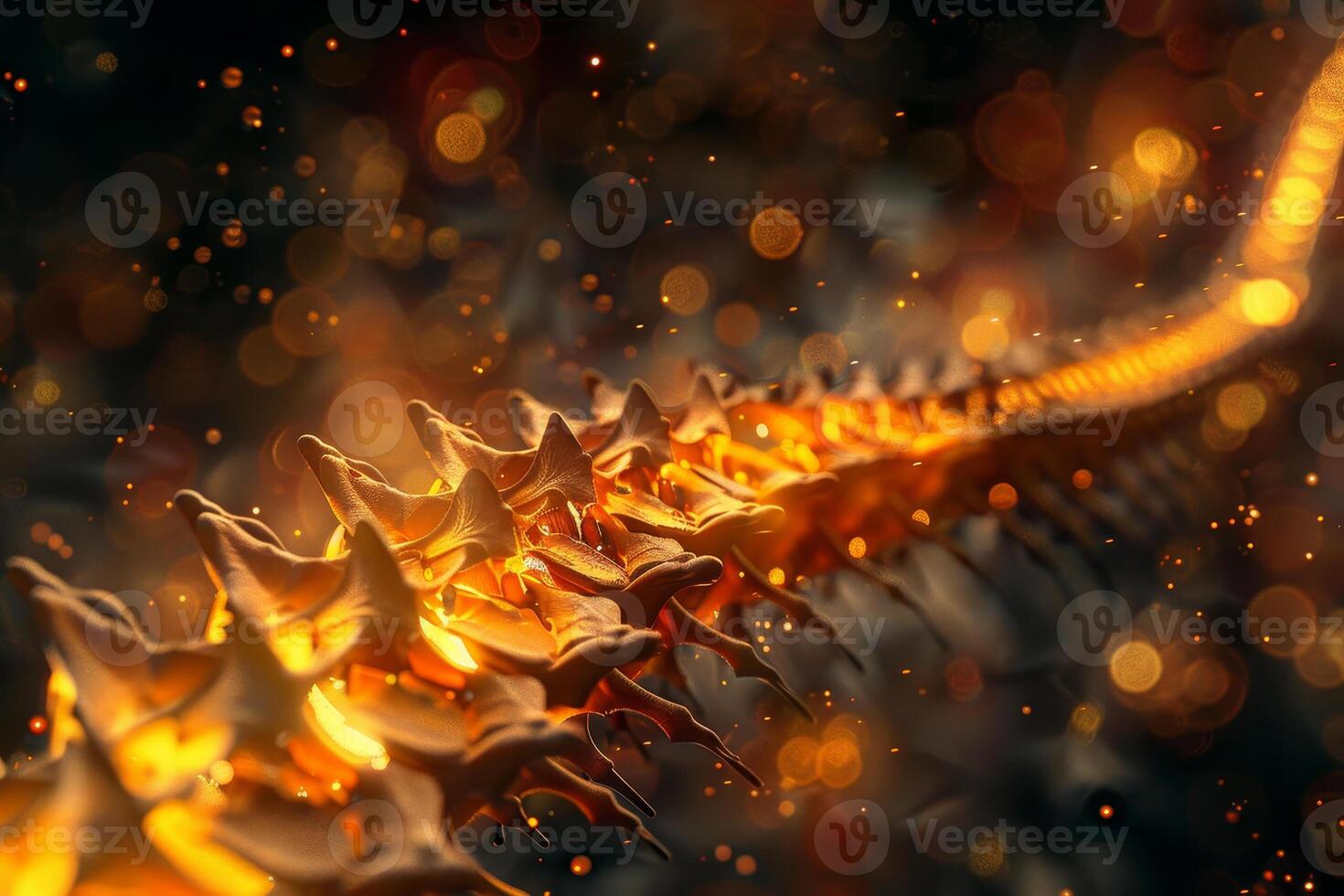 The spine structure radiates a warm glow, highlighting its unique contours and textures against a blurred dark backdrop filled with soft lights photo