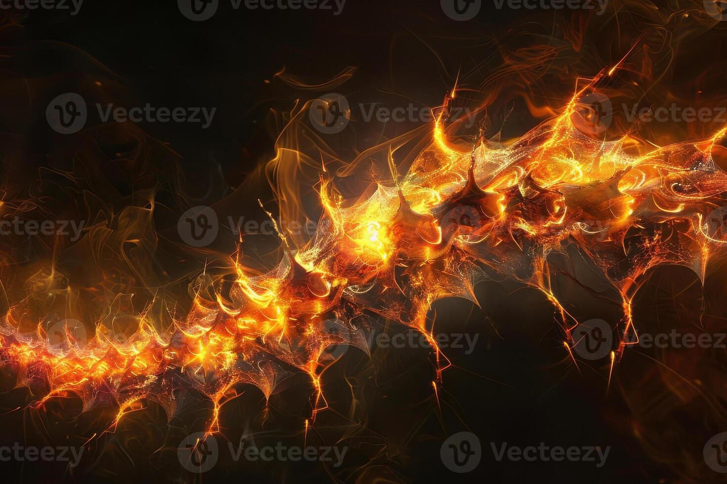 Bright flames dance and swirl against a deep black backdrop, creating an enchanting and dynamic abstract pattern filled with energy and movement photo