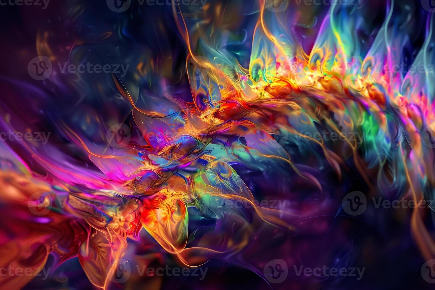 Bright colors merge and swirl in an abstract composition, creating an energetic display of flowing lines and forms. The artwork captivates with its vivid hues and organic shapes photo